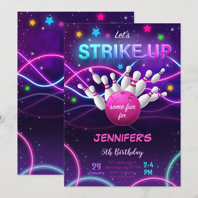 Convite de aniversário de menina para boliche (Frente/Verso)