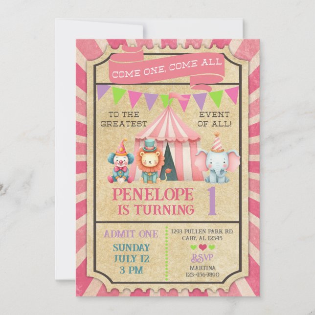 Convite de aniversário de menina para festa/circo  (Frente)