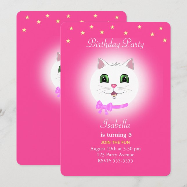 Convite de Aniversário de Menina Rosa com Gato & E (Frente/Verso)