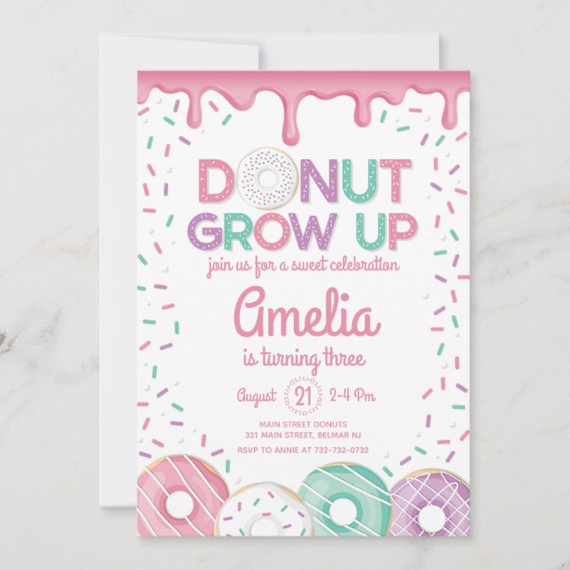 Convite de Aniversário de Menina Rosa Donut Grow U (Frente)
