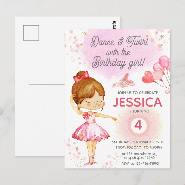 Convite de aniversário de menina rosa fofo para fe (Frente/Verso)
