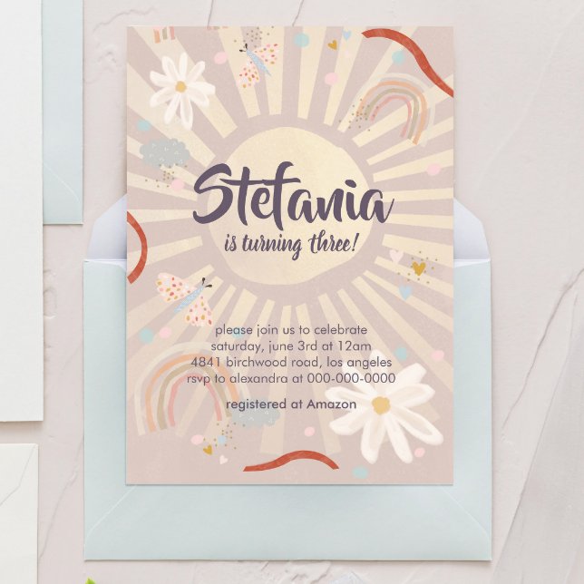 Convite de Aniversário de Menina Rosa Pastel Sol (Criador carregado)