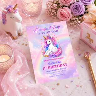 Convite de Aniversário de Menina Rosa Roxo Unicórn