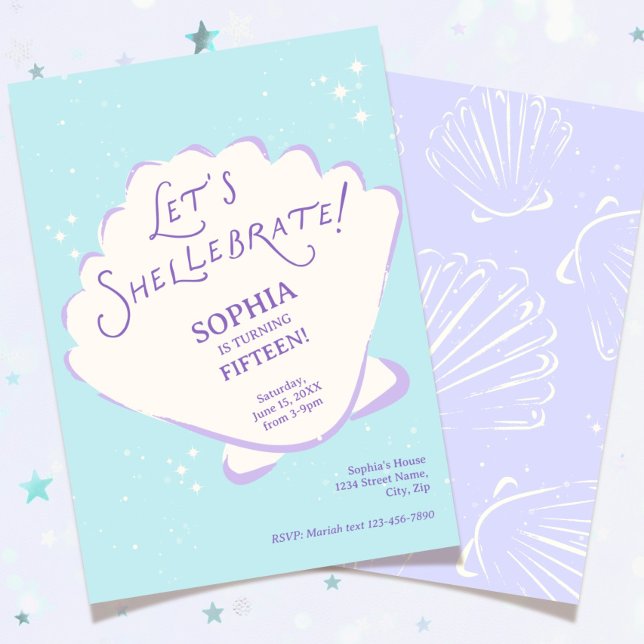 Convite de Aniversário de Menina Sereia Moda Conch (Girls Mermaid Trendy Seashell Birthday Invitation)