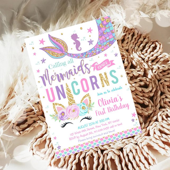 Convite de Aniversário de Menina Sereia Unicórnio (Criador carregado)