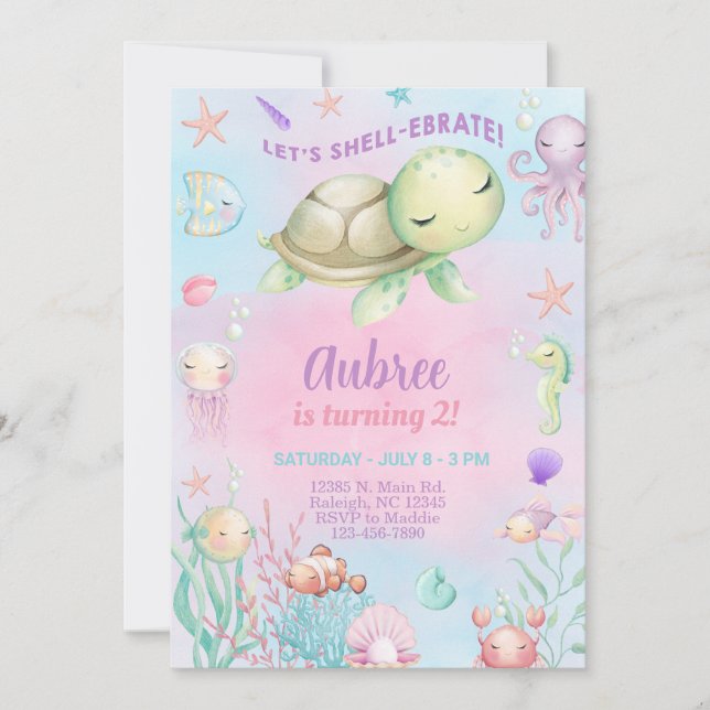 Convite de aniversário de menina Shell-ebrate sob  (Frente)
