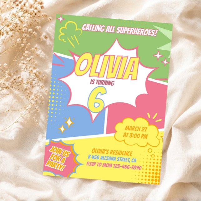 Convite de Aniversário de Menina Super-Herói Rosa  (Girl Superhero Birthday Invitation Pastel Pink)