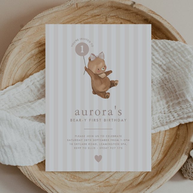 Convite de Aniversário de Menina Urso Balão Rosa (Criador carregado)