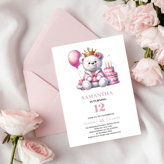 Convite de Aniversário de Menina Urso de Pelúcia T (Girl Birthday Invite Teddy Bear Pink Ivory Theme)