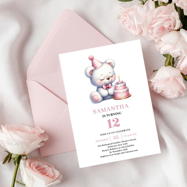 Convite de Aniversário de Menina Urso Teddy Rosa B (Girl Birthday Pink Teddy Bear Ivory Balloon Invite)