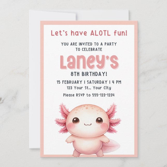 Convite de aniversário de meninas Axolote, Convite (Frente)