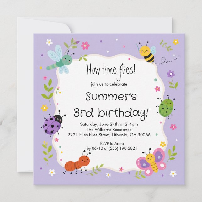 Convite de Aniversário de Meninas com Bugs Fofos R (Frente)
