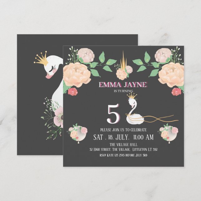 Convite de Aniversário de Meninas com Cisnes Flora (Frente/Verso)