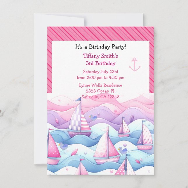 Convite de Aniversário de Meninas de Barco à Vela  (Frente)