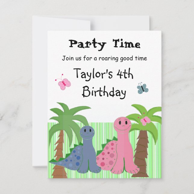 Convite de Aniversário de Meninas Fofo Dinossauro  (Frente)