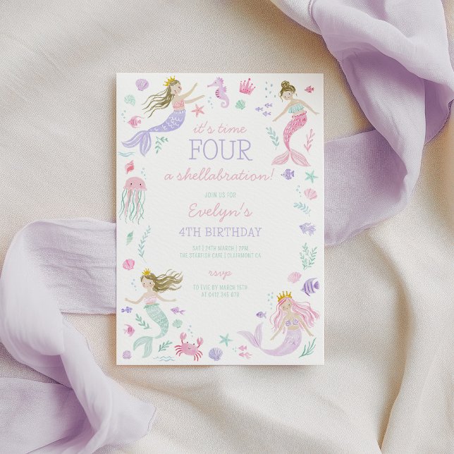 Convite de Aniversário de Meninas Mermaid Roxo Spl (Time FOUR a shellabration! Mermaid birthday invitation)