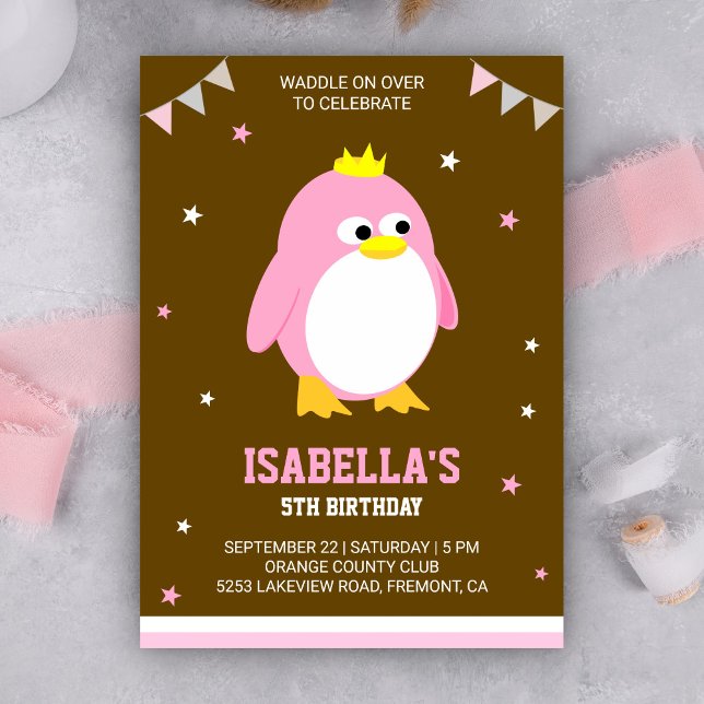 Convite de Aniversário de Meninas Pinguim Rosa Fof (Criador carregado)