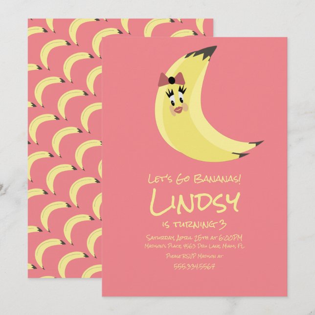 Convite de Aniversário de Meninas Rosa Banana Fofa (Frente/Verso)
