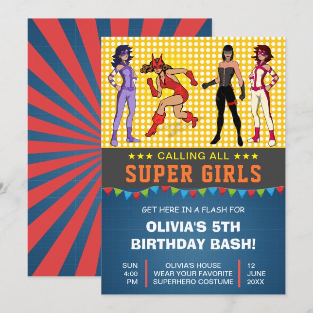 Convite de Aniversário de Meninas Super-Heroínas C (Frente/Verso)