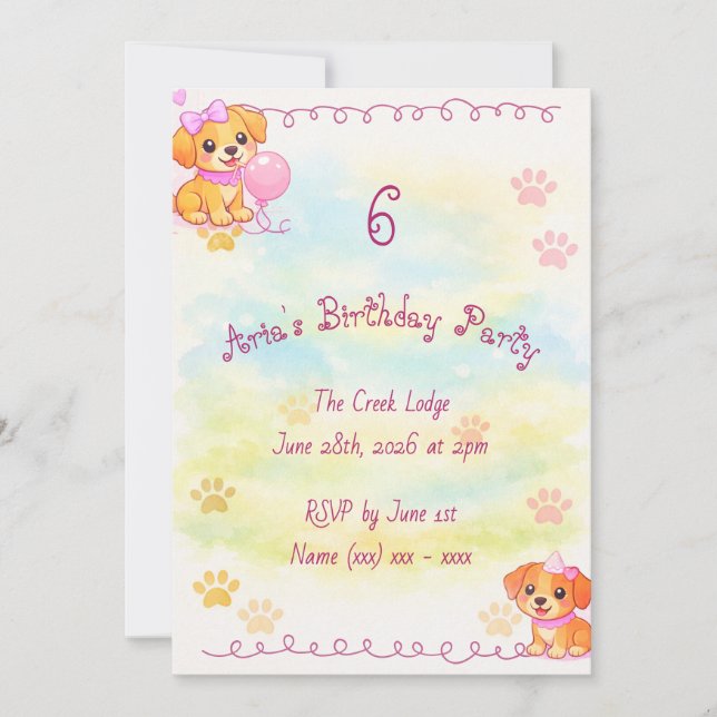 Convite de Aniversário de Meninas Tema Cachorrinho (Frente)