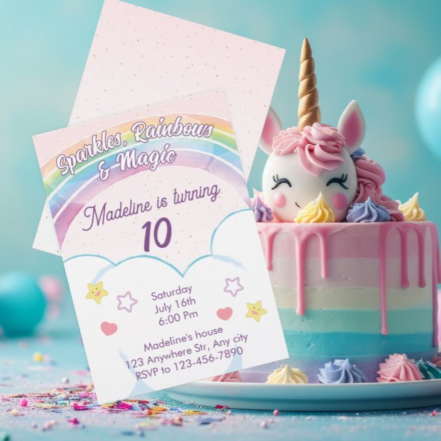 Convite de Aniversário de Meninas Unicórnio Arco-Í (Criador carregado)