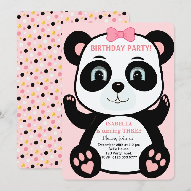 Convite de Aniversário de Meninas Urso Panda Fofo (Frente/Verso)