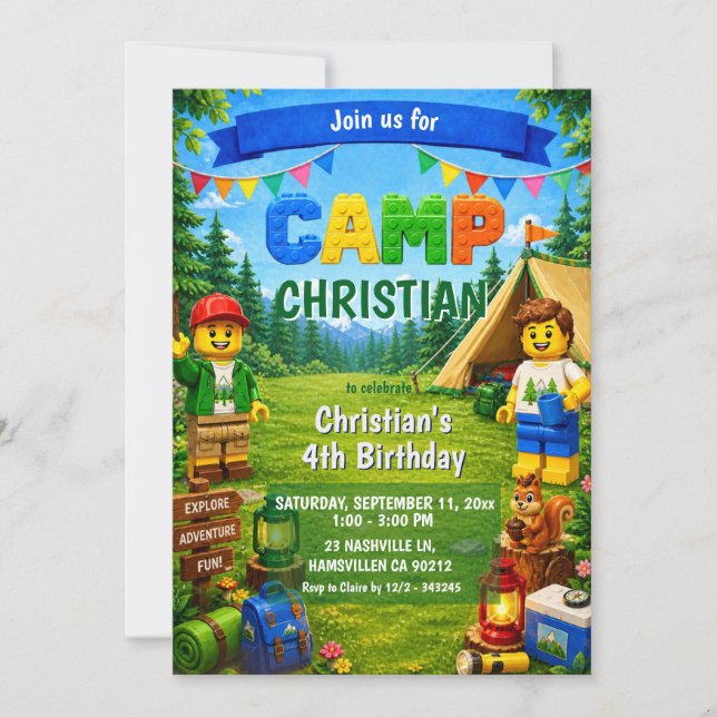 Convite de Aniversário de Menino Bricks Camp (Frente)