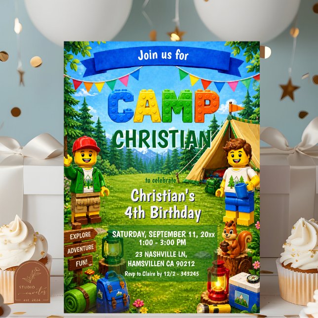 Convite de Aniversário de Menino Bricks Camp (Criador carregado)