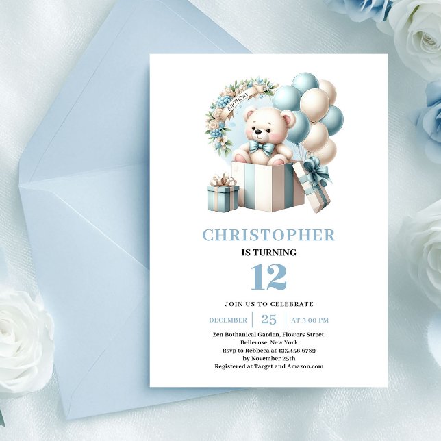 Convite de aniversário de menino com balões de urs (Cute teddy bear balloon boy birthday invitation)