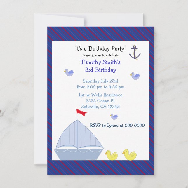 Convite de Aniversário de Menino com Barco à Vela  (Frente)