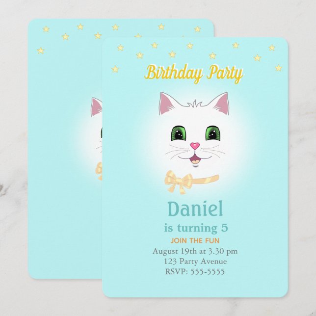 Convite de Aniversário de Menino com Gato e Estrel (Frente/Verso)