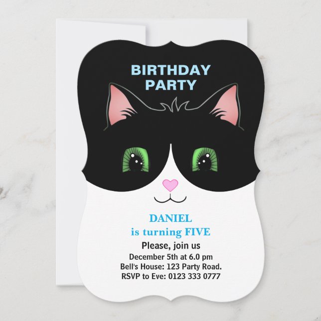 Convite de Aniversário de Menino com Gato Tuxedo F (Frente)