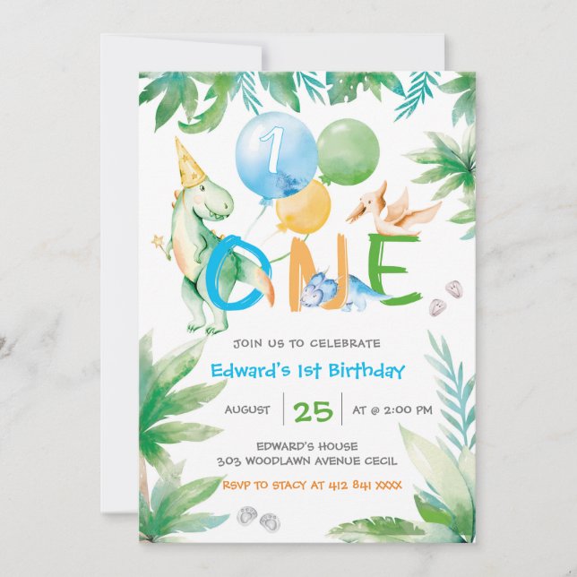 Convite de Aniversário de Menino de 1 Ano com Dino (Frente)