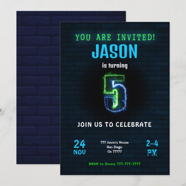 Convite de Aniversário de Menino de 5 anos (Frente/Verso)