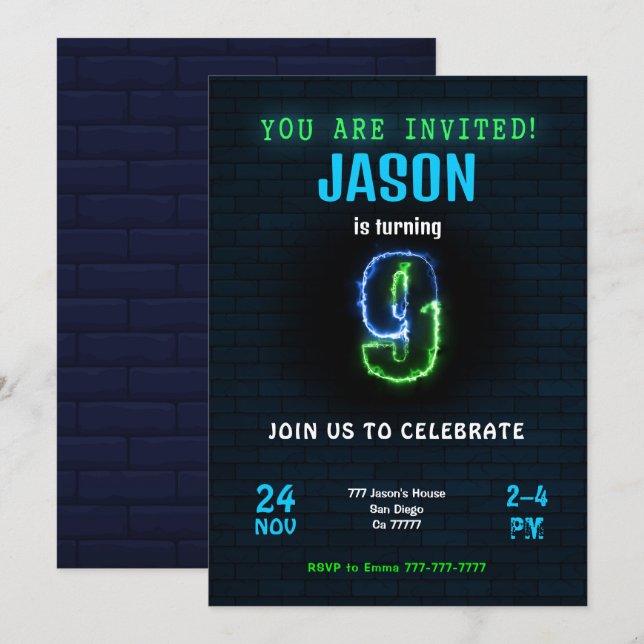 Convite de aniversário de menino de 9 anos (Frente/Verso)