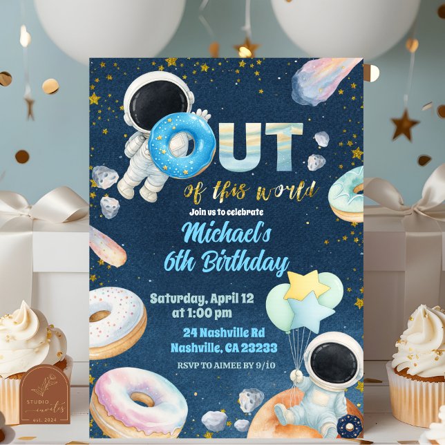 Convite de Aniversário de Menino Donuts Espaciais (Criador carregado)