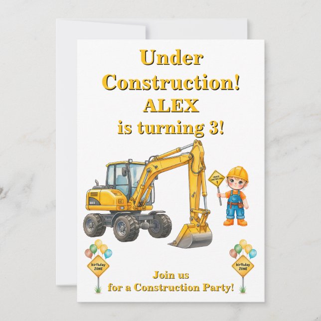 Convite de Aniversário de Menino Em Construção (Frente)