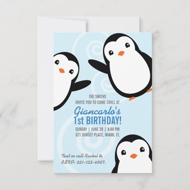 Convite de Aniversário de Menino Pinguim de Invern (Frente)