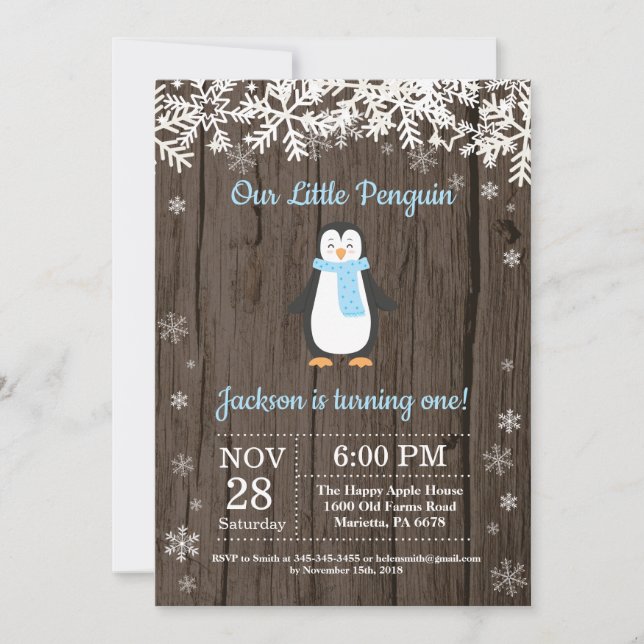 Convite de Aniversário de Menino Pinguim Rústico d (Frente)