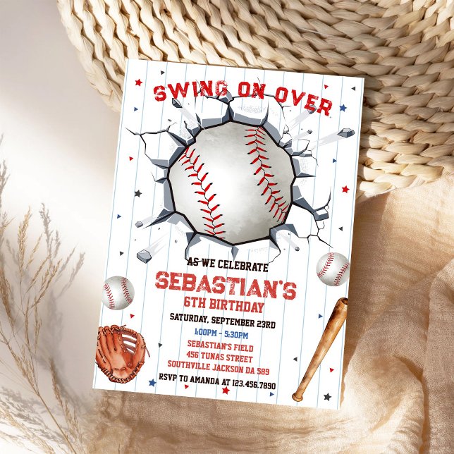 Convite de Aniversário de Menino Swing de Beisebol (Criador carregado)