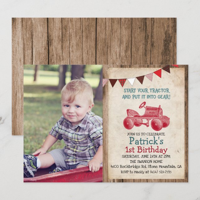CONVITE DE ANIVERSÁRIO DE MENINO TRATOR VINTAGE PA (Frente/Verso)
