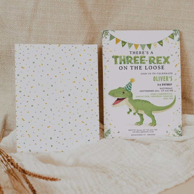 Convite de Aniversário de Menino Três-Rex Dino (Criador carregado)
