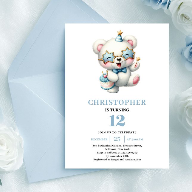 Convite de aniversário de menino urso de pelúcia a (Cute teddy bear dusty blue boy birthday invitation

)