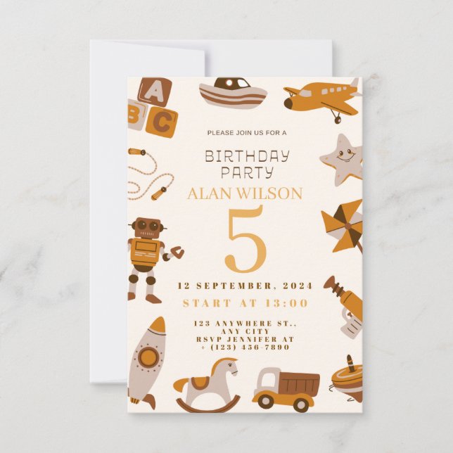 Convite de Aniversário de Meninos Brinquedos Retrô (Frente)