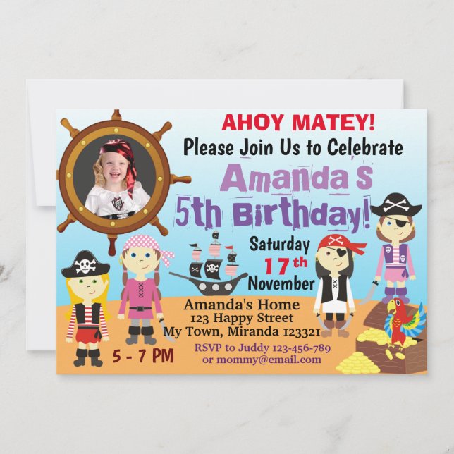 Convite de aniversário de meninos menina pirata pe (Frente)