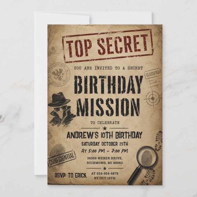 Convite de Aniversário de Missão de Espionagem Per (Frente)