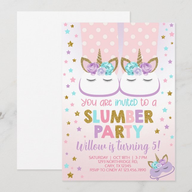 Convite de aniversário de moça da festa do Slumber (Frente/Verso)