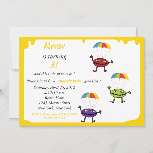 Convite de aniversário de monstro para paraquedas- (Frente)
