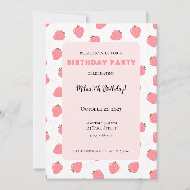 Convite de aniversário de morango (Frente)