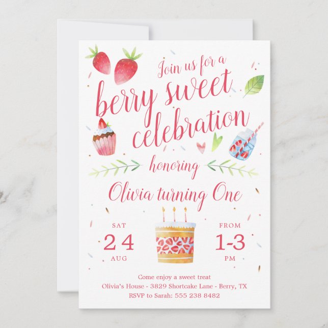 Convite de aniversário de morango Berry Sweet (Frente)